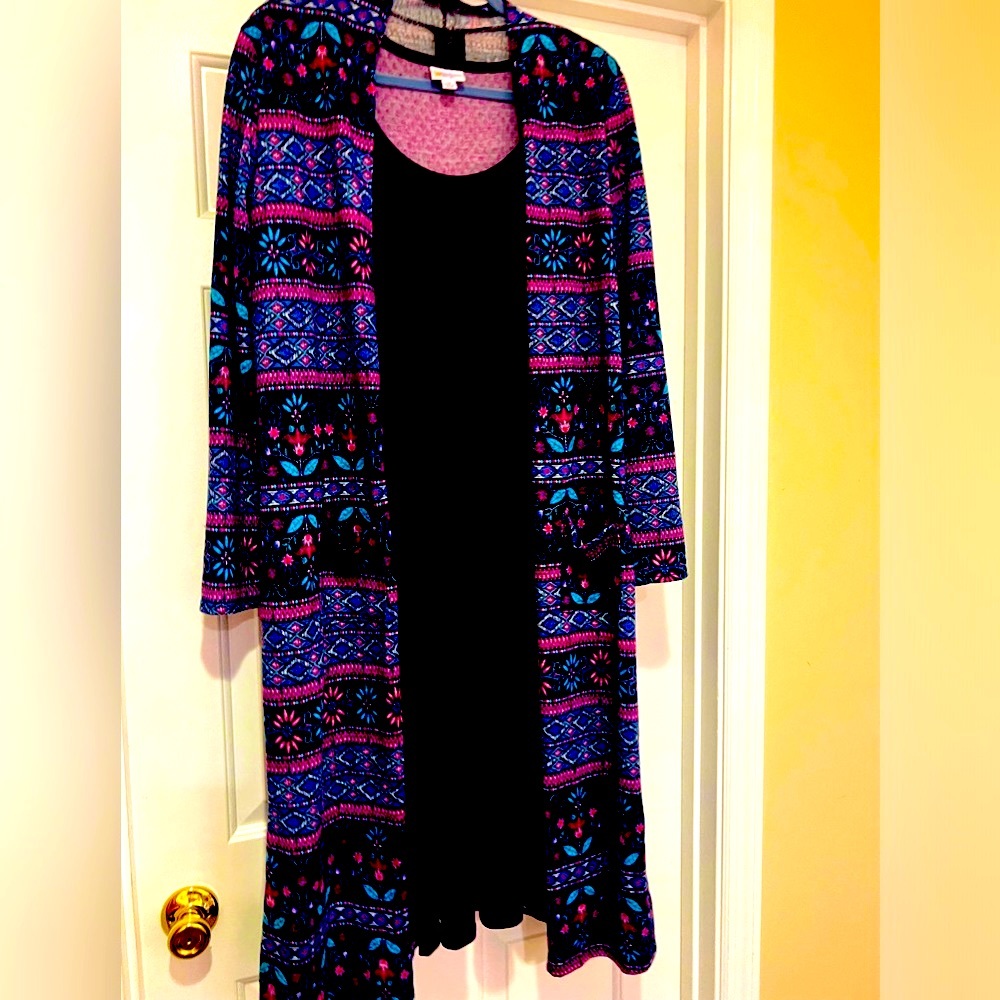 Agnes & Dora Fair Isle Duster Cardigan in Pink/Blue/Cream Knit Black XL